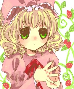 Rating: Safe Score: 0 Tags: 1girl apple blonde_hair blush bow chocolate drill_hair food fruit gift green_eyes hina_ichigo hinaichigo image long_sleeves looking_at_viewer object_namesake pink_bow short_hair solo strawberry upper_body valentine watermelon User: admin
