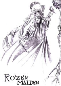 Rating: Safe Score: 0 Tags: 1girl dress hat image long_hair long_sleeves monochrome patchouli_knowledge shinku solo very_long_hair User: admin