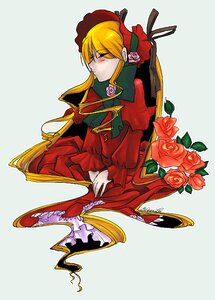 Rating: Safe Score: 0 Tags: 1girl blonde_hair bonnet bow closed_eyes dress flower image long_hair long_sleeves pink_flower pink_rose red_dress red_flower red_rose rose shinku sitting solo User: admin