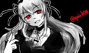 Rating: Safe Score: 0 Tags: 1girl choker dress hairband image long_hair long_sleeves looking_at_viewer monochrome open_mouth red_eyes ribbon simple_background smile solo suigintou twitter_username upper_body User: admin