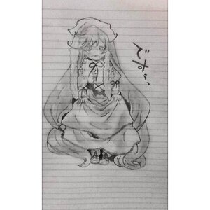 Rating: Safe Score: 0 Tags: 1girl comic dress greyscale hat image long_hair monochrome ribbon solo suiseiseki traditional_media very_long_hair User: admin