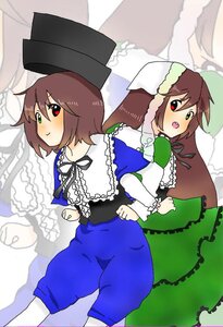 Rating: Safe Score: 0 Tags: 2girls blue_dress blush brown_hair dress frills green_eyes hat heterochromia image long_sleeves looking_at_viewer looking_back multiple_girls open_mouth pair red_eyes short_hair siblings sisters smile souseiseki suiseiseki top_hat twins User: admin