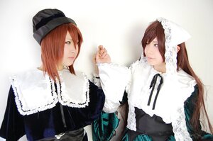 Rating: Safe Score: 0 Tags: 2girls brown_hair dress green_eyes hair_over_one_eye hat head_scarf holding_hands long_hair long_sleeves multiple_cosplay multiple_girls siblings sisters smile suiseiseki tagme twins User: admin