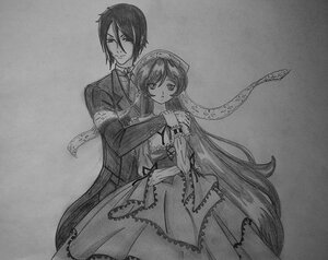 Rating: Safe Score: 0 Tags: 1boy 1girl auto_tagged dress greyscale image long_hair looking_at_viewer monochrome smile solo suiseiseki traditional_media very_long_hair User: admin