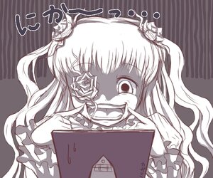 Rating: Safe Score: 0 Tags: 1girl flower frills hairband image kirakishou long_hair long_sleeves monochrome open_mouth rose solo striped striped_background vertical_stripes User: admin