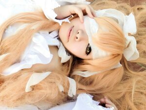 Rating: Safe Score: 0 Tags: 1girl bangs blonde_hair brown_eyes closed_mouth dress kirakishou lips long_hair long_sleeves looking_at_viewer nose realistic ribbon solo User: admin