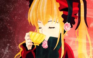 Rating: Safe Score: 0 Tags: 1girl blonde_hair bow closed_eyes eating flower food image pink_flower pink_rose red_rose rose shinku solo User: admin