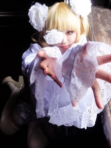 Rating: Safe Score: 0 Tags: 1girl 3d bangs blonde_hair dress eyepatch flower hair_flower hair_ornament kirakishou lace lips pointing_at_viewer realistic sitting solo white_dress white_flower white_rose User: admin