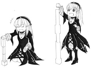 Rating: Safe Score: 0 Tags: 1girl 2girls :d boots building_block closed_eyes commentary_request dress frills greyscale hairband happy holding image lolita_hairband long_hair long_sleeves monochrome multiple_girls open_mouth parody photoshop_(medium) rozen_maiden simple_background smile solo style_parody suigintou wings yokoyan yotsubato! User: admin