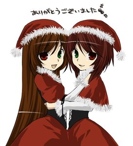 Rating: Safe Score: 0 Tags: 2girls brown_hair christmas green_eyes hat heterochromia image long_hair long_sleeves looking_at_viewer multiple_girls open_mouth pair red_eyes santa_costume santa_hat short_hair siblings sisters smile souseiseki suiseiseki twins white_background User: admin