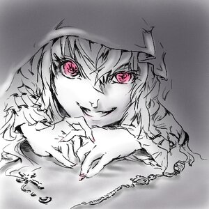 Rating: Safe Score: 0 Tags: 1girl fingernails hat image looking_at_viewer mob_cap monochrome red_eyes remilia_scarlet short_hair solo spot_color suigintou wings User: admin