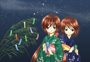 Rating: Safe Score: 0 Tags: 2girls bamboo brown_hair floral_print green_eyes heterochromia image japanese_clothes kimono long_hair multiple_girls night night_sky pair short_hair siblings sisters sky souseiseki star_(sky) starry_sky suiseiseki tanabata tanzaku twins User: admin