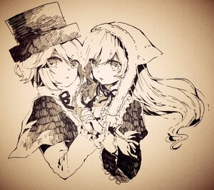 Rating: Safe Score: 0 Tags: 2girls bangs dress eyebrows_visible_through_hair hair_between_eyes hands_together hat holding_hands image interlocked_fingers long_hair long_sleeves looking_at_viewer monochrome multiple_girls pair ribbon short_hair siblings sisters souseiseki suiseiseki traditional_media twins upper_body User: admin