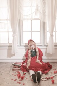 Rating: Safe Score: 0 Tags: 1girl blonde_hair curtains dress flower long_hair petals red_dress rose shinku sitting solo window User: admin