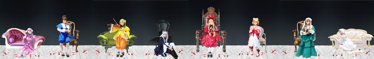 black_hair blonde_hair blue_eyes brown_hair closed_eyes crown dress flower gloves hat jewelry long_hair multiple_boys multiple_cosplay multiple_girls red_flower red_hair short_hair tagme