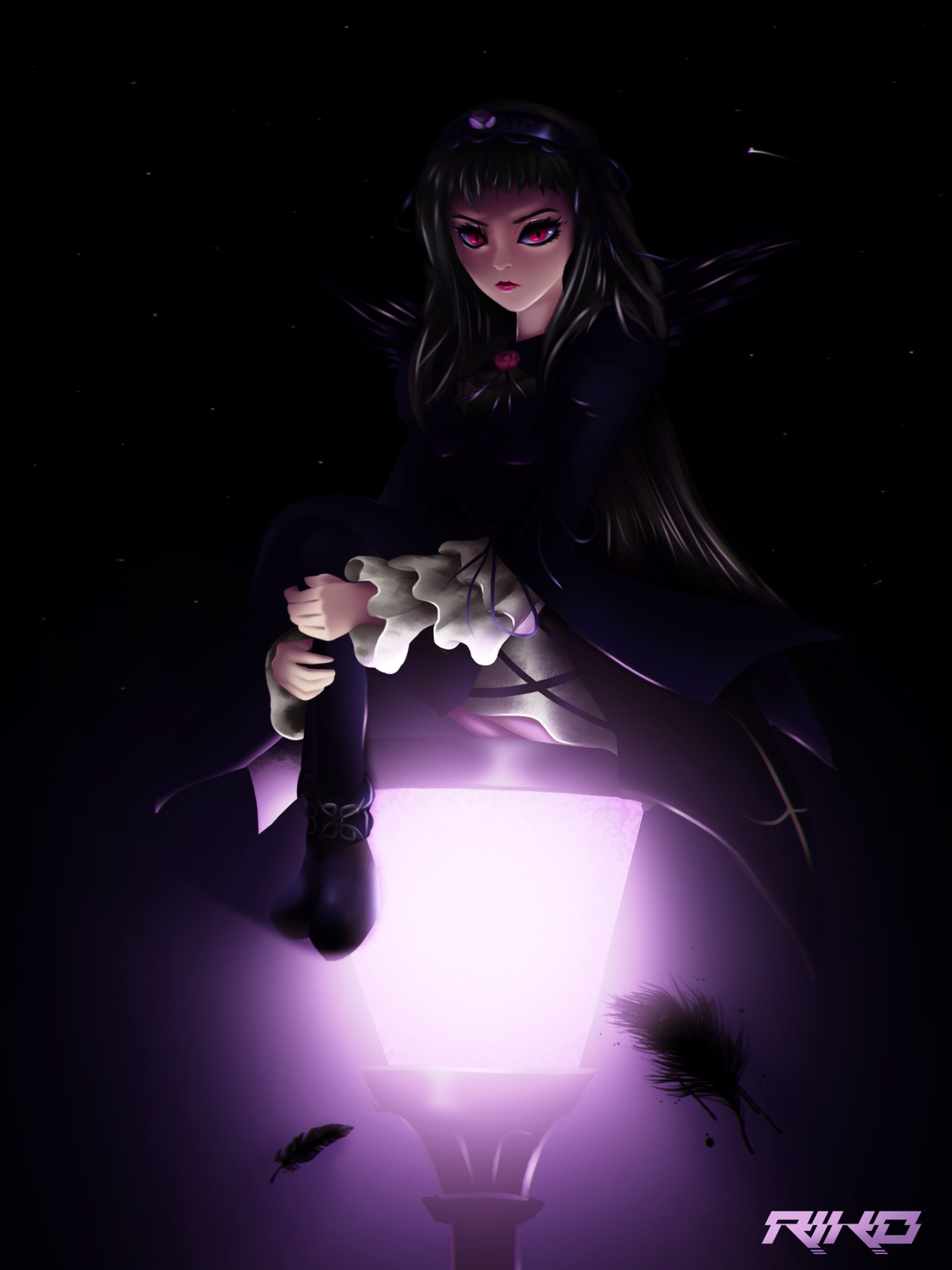 1girl black_dress black_hair black_theme boots dark dress full_body gothic_lolita image lolita_fashion long_hair night sitting sky solo star_(sky) suigintou