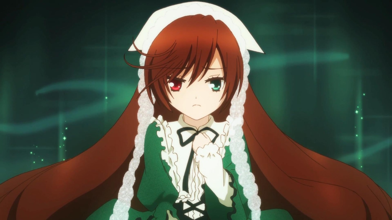 1girl black_ribbon brown_hair dress frills frown green_eyes heterochromia image long_hair long_sleeves looking_at_viewer red_eyes ribbon serious solo suiseiseki tears very_long_hair