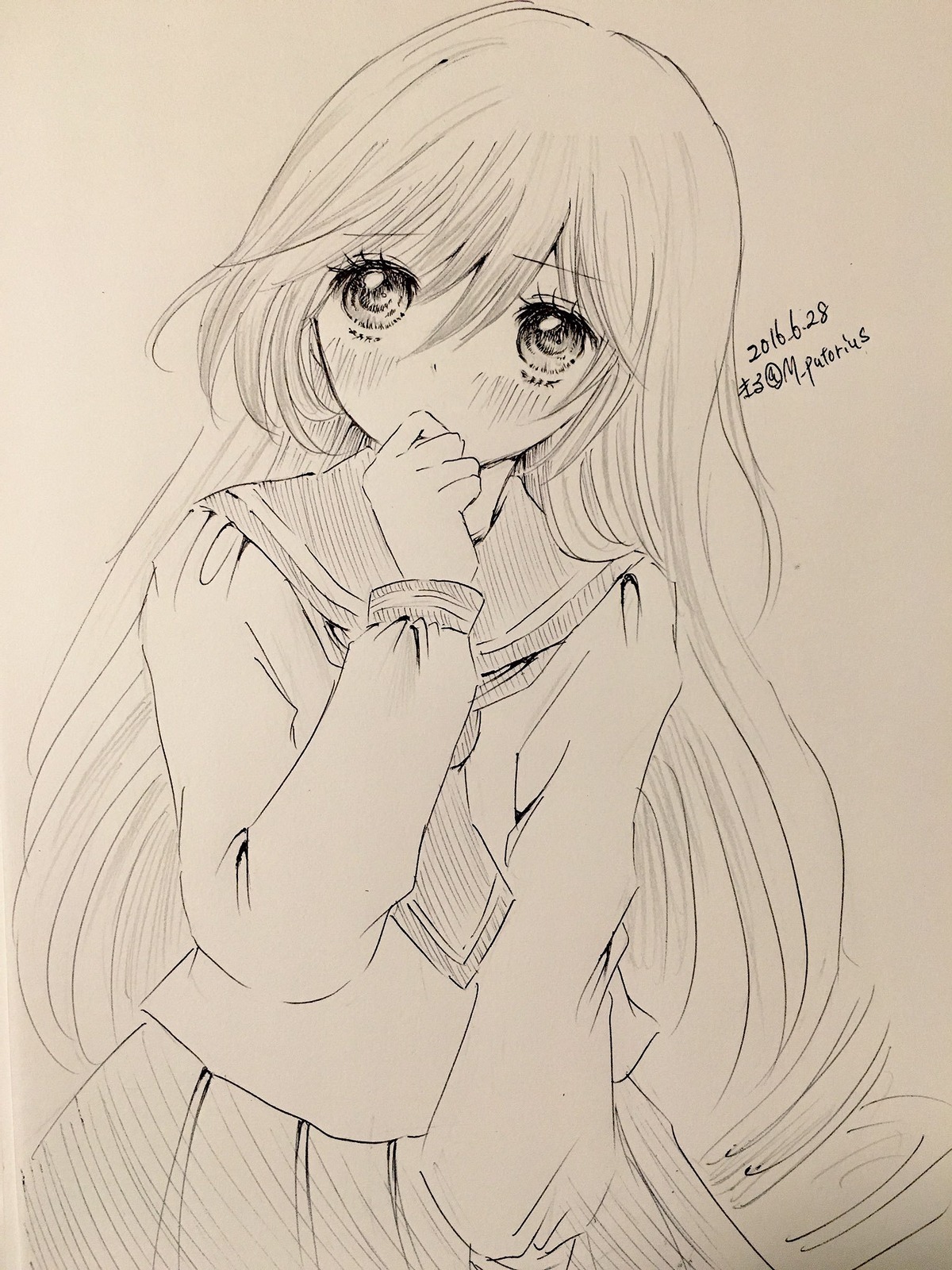 1girl bangs blush dated eyebrows_visible_through_hair image long_hair long_sleeves looking_at_viewer monochrome school_uniform serafuku skirt solo suiseiseki tears traditional_media very_long_hair