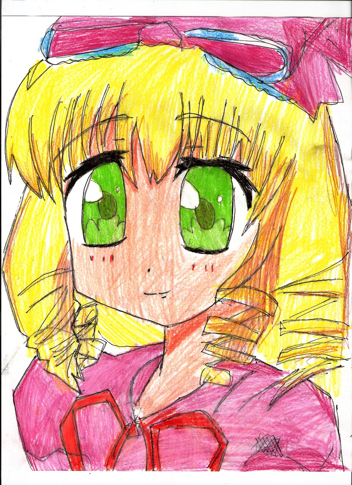 1girl 86800 blonde_hair bow drill_hair eyebrows_visible_through_hair green_eyes hat hina_ichigo hinaichigo image looking_at_viewer ribbon simple_background solo traditional_media