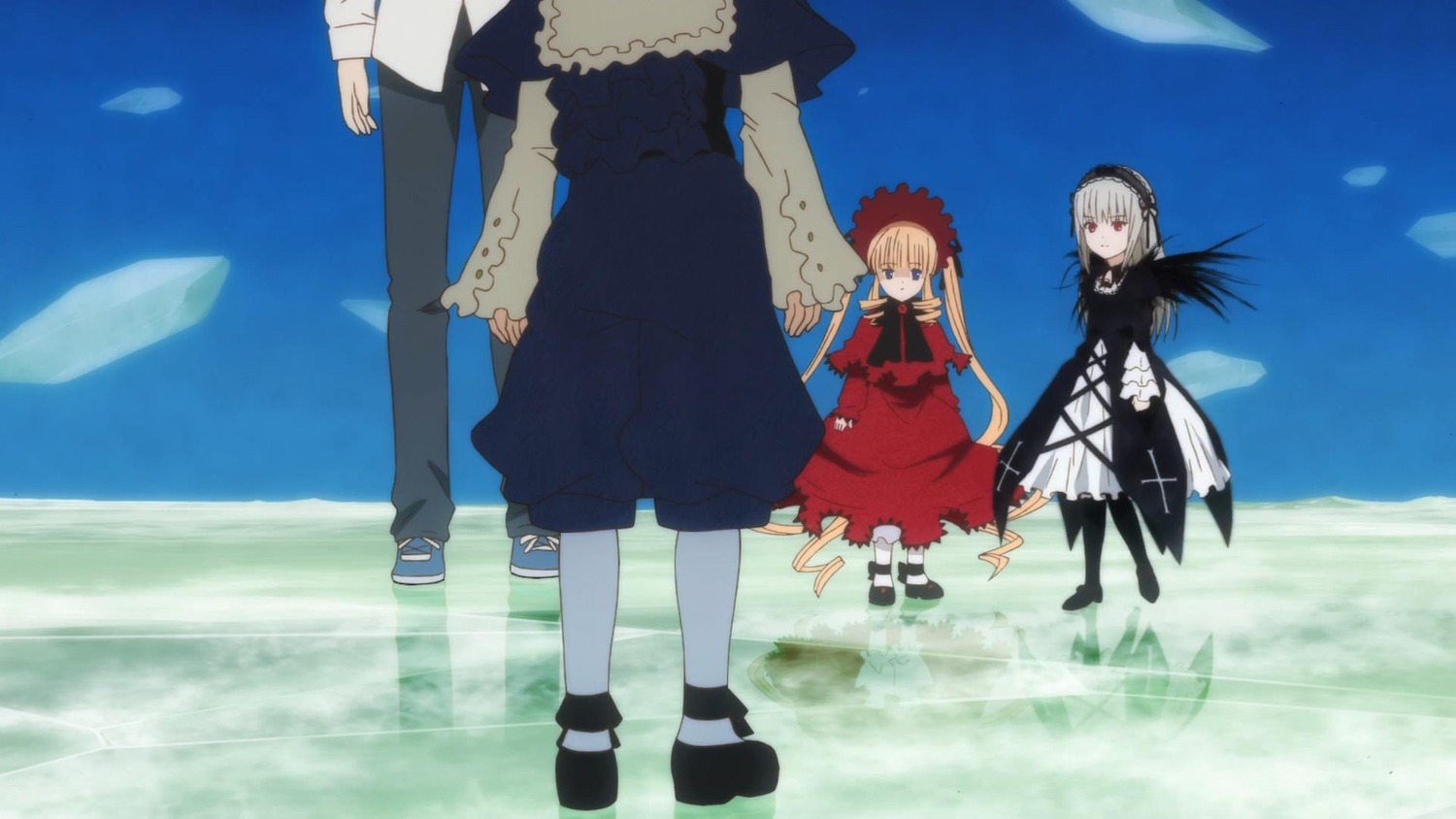 black_wings blonde_hair dress hairband image long_hair long_sleeves multiple_girls pair red_dress red_eyes shinku silver_hair sky souseiseki standing suigintou wings