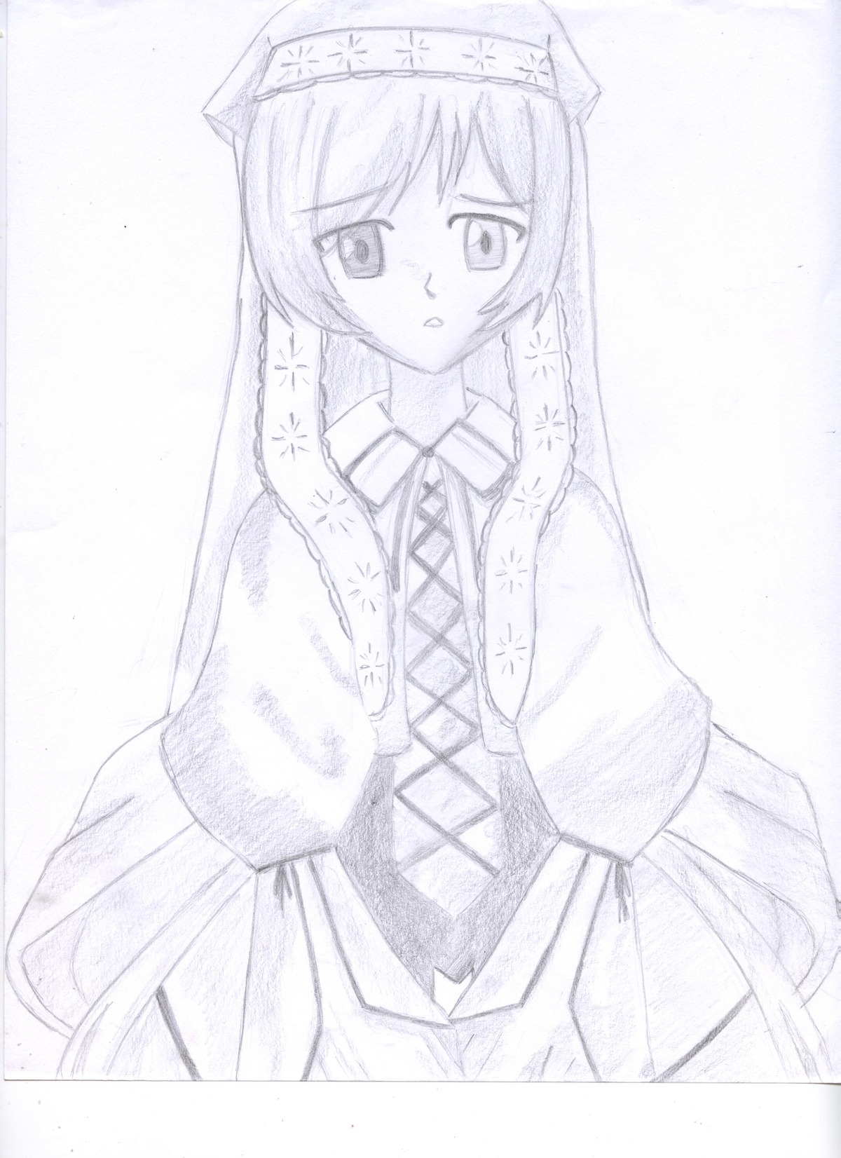 1girl blush eyebrows_visible_through_hair image long_hair long_sleeves looking_at_viewer monochrome solo suiseiseki traditional_media twin_braids
