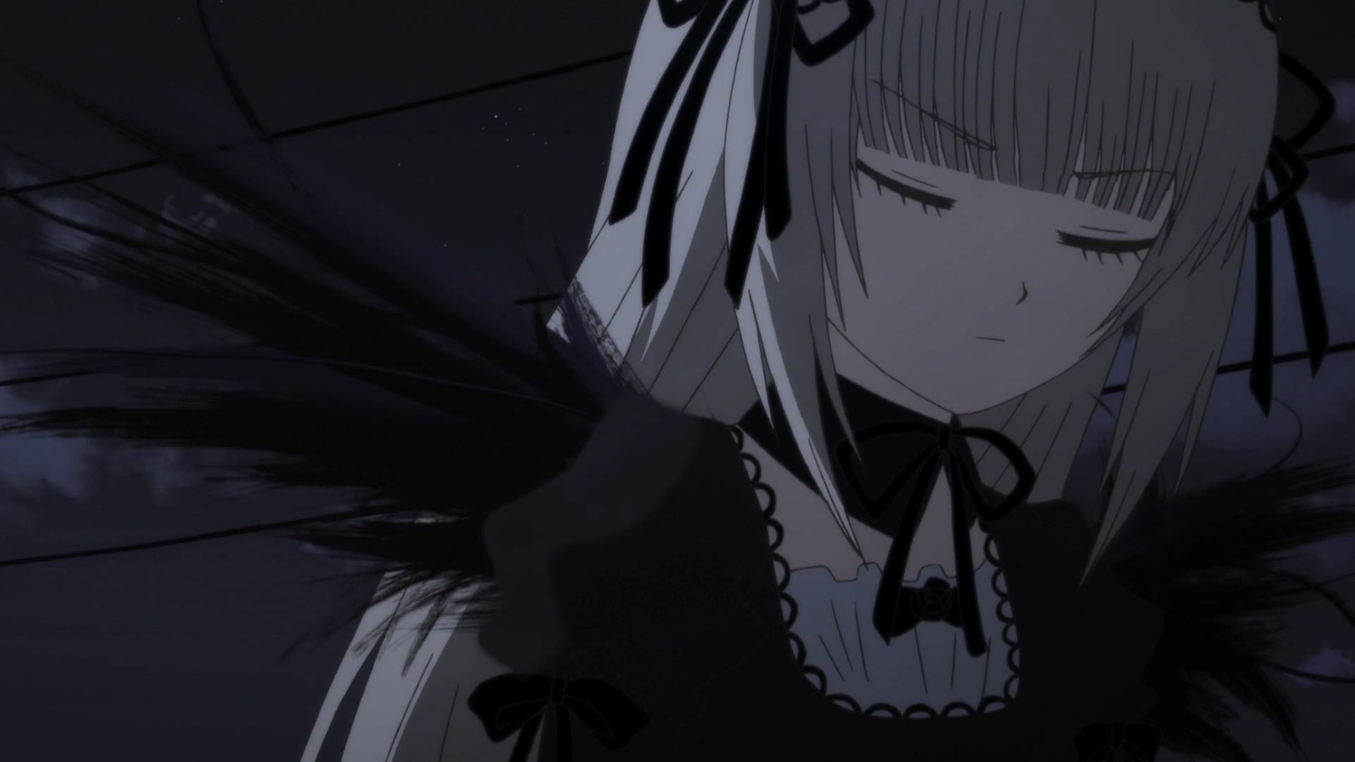 1girl auto_tagged bangs black_ribbon blunt_bangs closed_eyes closed_mouth dress image long_hair long_sleeves ribbon solo suigintou upper_body