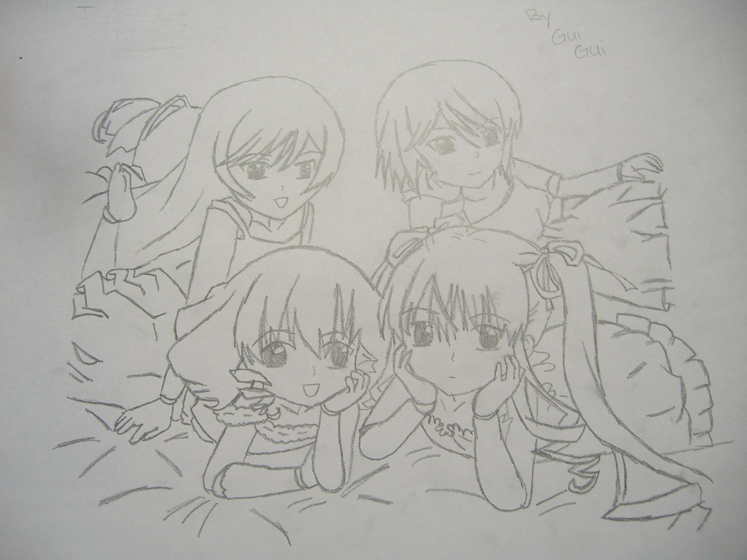 5girls auto_tagged blush image long_hair looking_at_viewer lying monochrome multiple multiple_girls on_stomach one_eye_closed short_hair sketch smile tagme tongue tongue_out traditional_media twintails