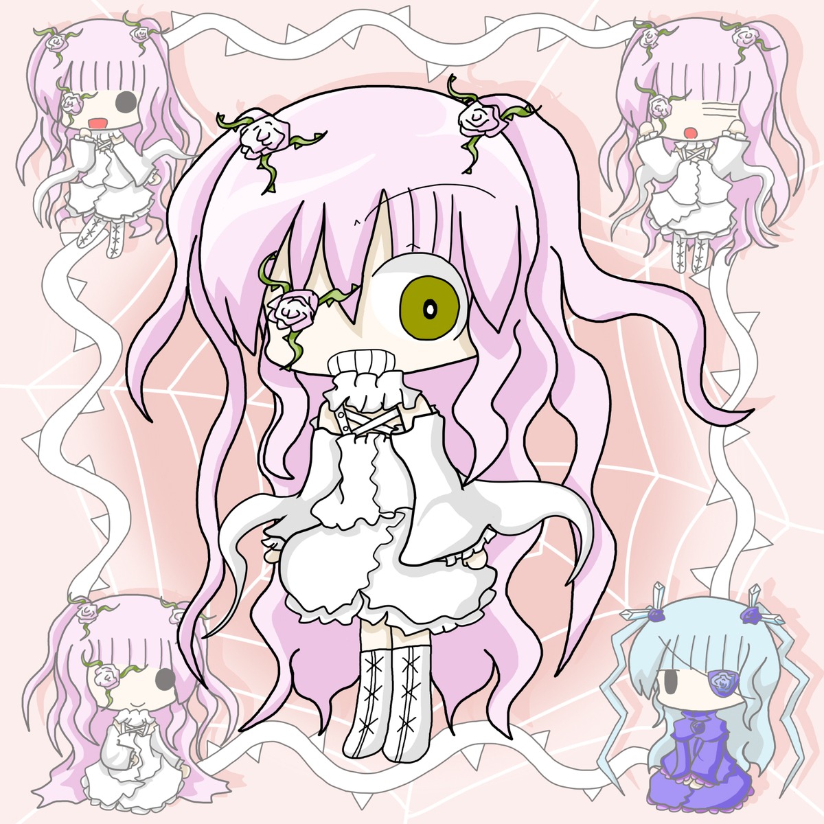 1girl bangs barasuishou chibi dress eyepatch flower hair_flower image kirakishou long_hair pair personification pink_hair smile thighhighs twintails vines yellow_eyes
