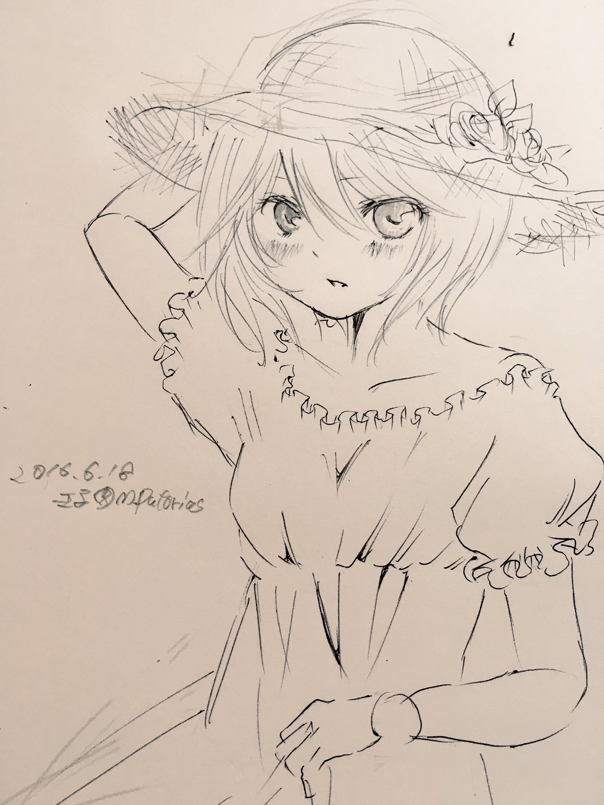 1girl blush dress eyebrows_visible_through_hair hair_between_eyes hat image looking_at_viewer m_putorius monochrome puffy_short_sleeves puffy_sleeves short_hair short_sleeves solo souseiseki traditional_media
