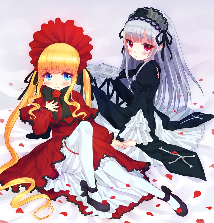 2girls bad_id bad_pixiv_id blonde_hair blue_eyes blush bonnet dress flower frills gothic_lolita hairband image lolita_fashion lolita_hairband long_hair long_sleeves mirei multiple_girls pair pantyhose petals photoshop_(medium) purple_eyes rose rose_petals rozen_maiden shinku shoes silver_hair smile suigintou twintails underwear white_legwear