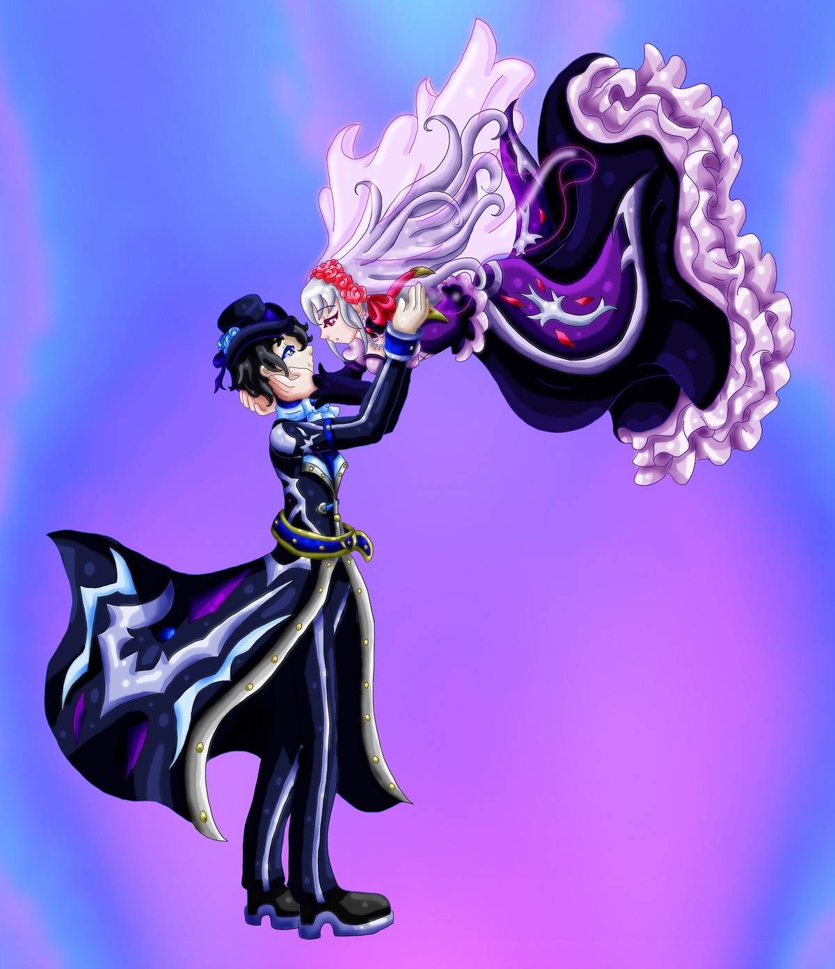 1boy 1girl auto_tagged blue_eyes couple dress frills gloves hat image long_hair red_eyes solo suigintou white_hair