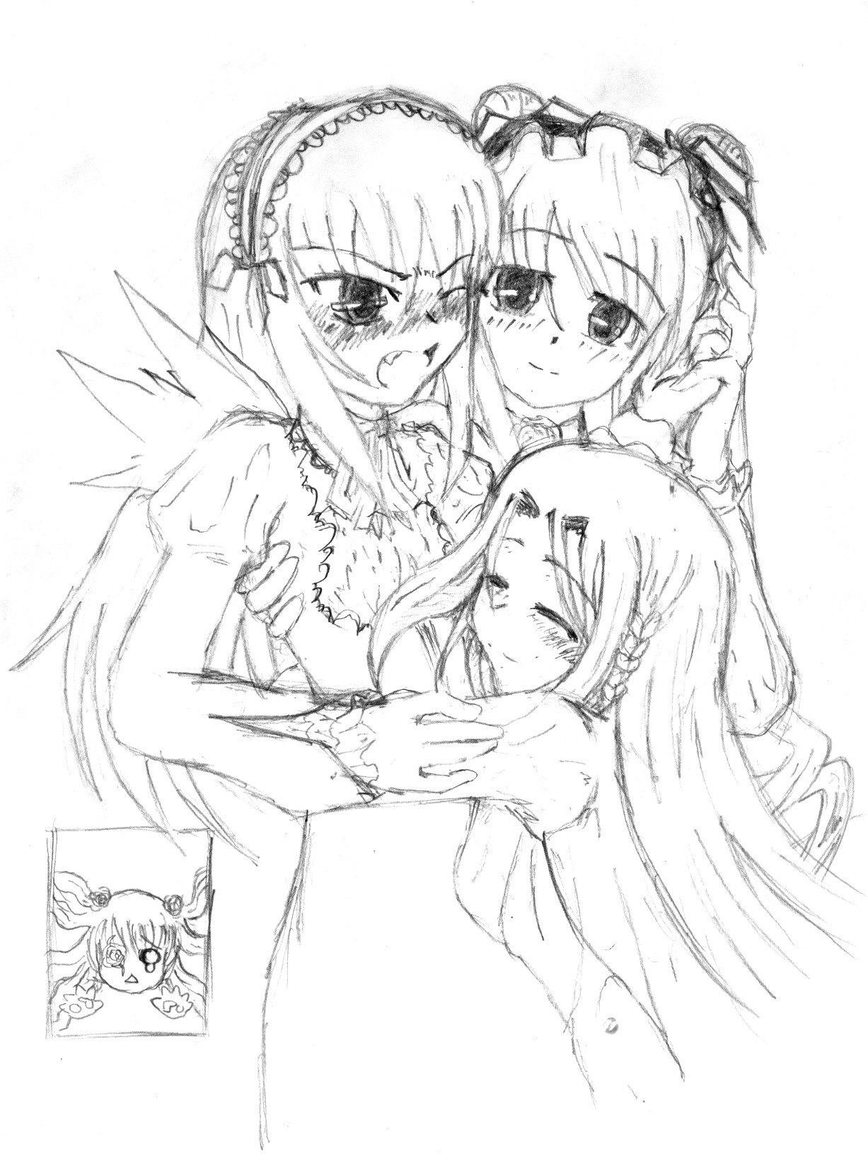 4girls blush greyscale hairband hug image lolita_hairband long_hair monochrome multiple_girls pair shinku siblings sisters sketch smile suigintou twins yuri