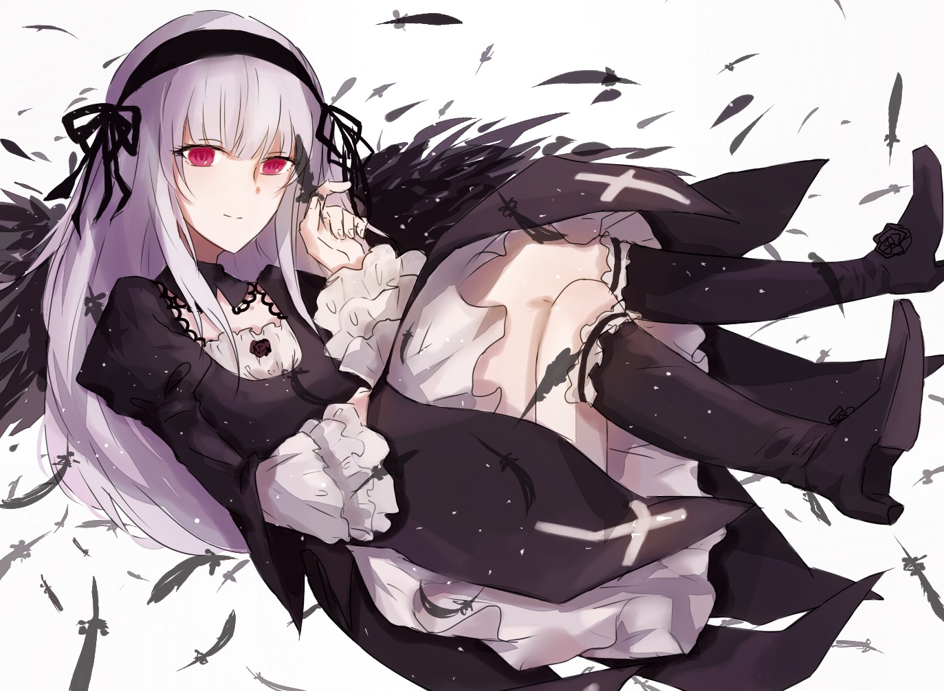1girl bangs bird black_dress black_feathers black_footwear black_wings boots dress feathered_wings feathers frills hairband high_heel_boots high_heels image juliet_sleeves long_hair long_sleeves looking_at_viewer pink_eyes ribbon silver_hair smile solo suigintou thigh_boots very_long_hair white_feathers wings