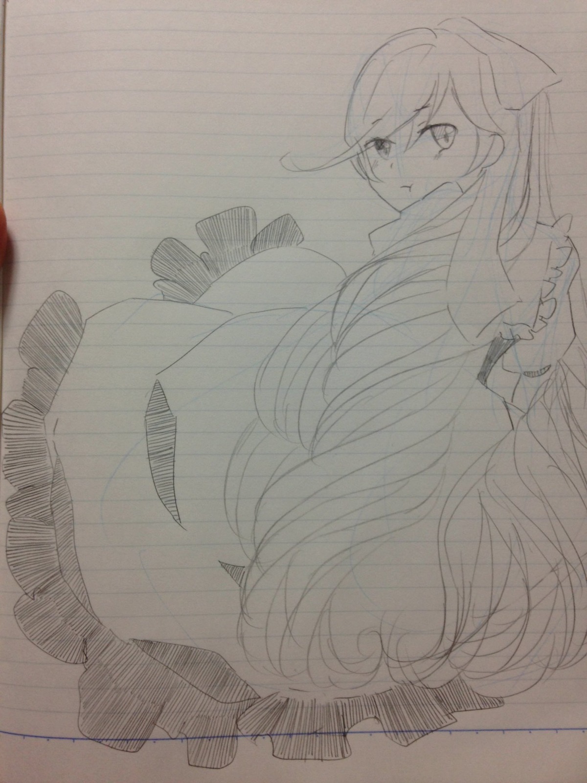 1girl dress greyscale image long_hair looking_at_viewer monochrome sketch solo suiseiseki traditional_media