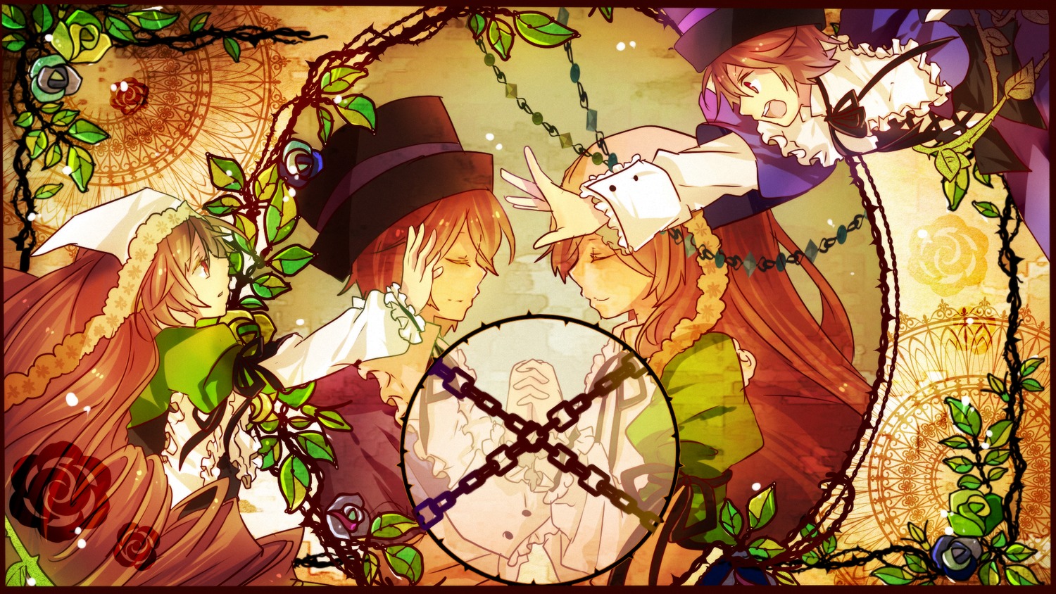 1girl 2girls blue_flower blue_rose bonnet brown_hair chain closed_eyes commentary_request dress flower framed green_dress green_flower green_rose hat highres holding_hands image interlocked_fingers layered_sleeves long_hair long_sleeves matryoshka_(borscht) multiple_girls open_mouth outstretched_arm outstretched_hand pair plant puffy_sleeves purple_dress reaching rose rozen_maiden short_hair short_over_long_sleeves short_sleeves siblings sisters smile souseiseki suiseiseki thorns twins very_long_hair vines
