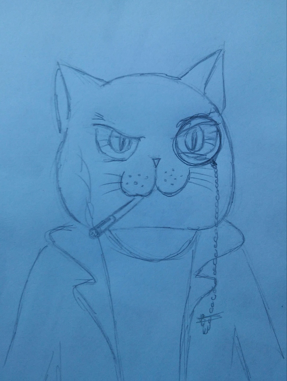 animal blue_theme cat kunkun monochrome no_humans signature solo traditional_media