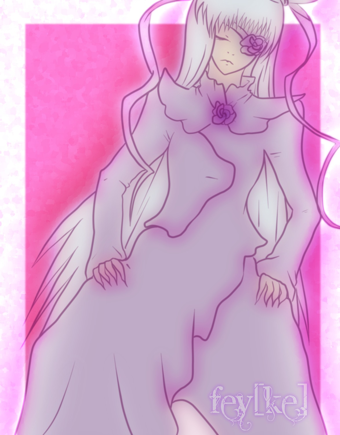 1girl barasuishou dress eyepatch flower hand_on_hip hands_on_hips image long_hair long_sleeves purple_flower rose solo very_long_hair