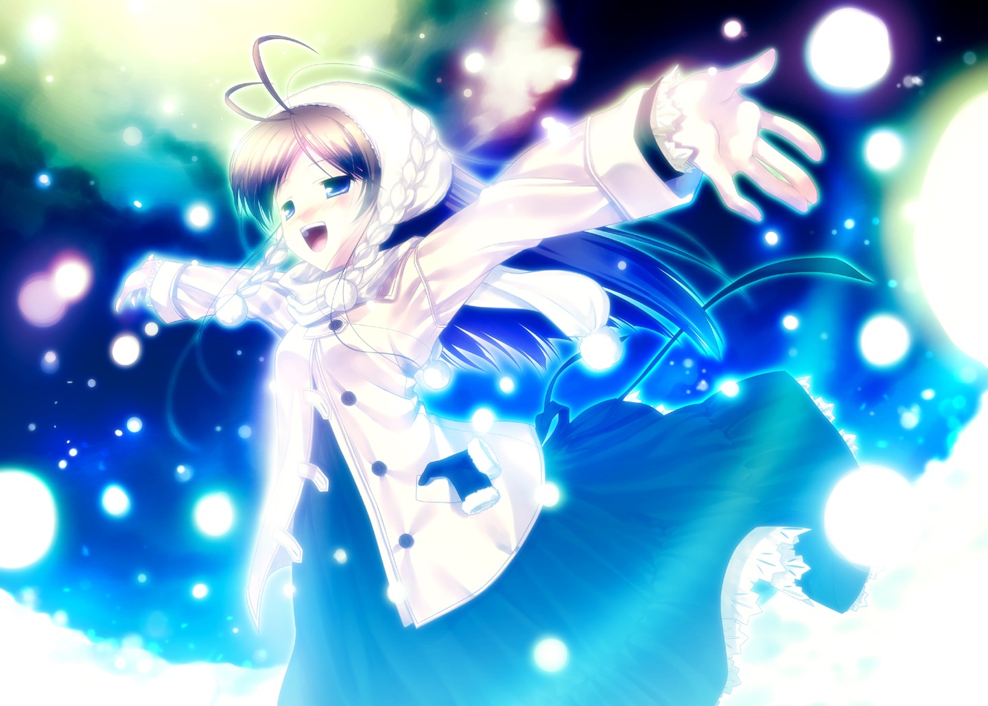 1girl :d antenna_hair blue_eyes blush braid full_moon image long_hair moon open_mouth outstretched_arms smile solo suiseiseki