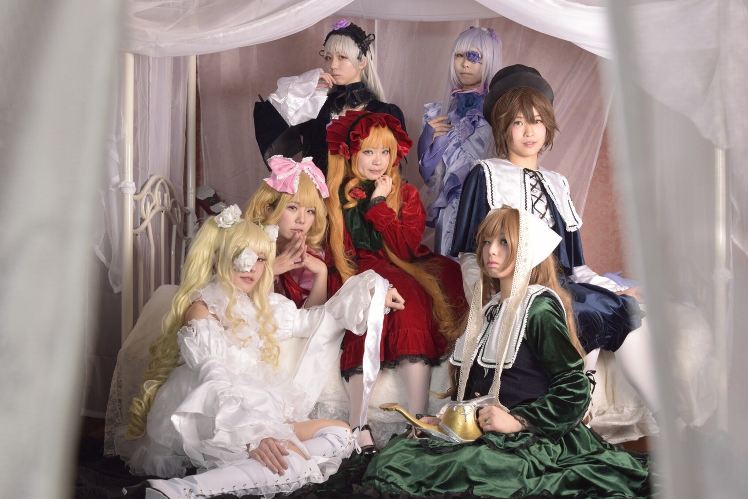 blonde_hair blue_eyes bow brown_hair curtains dress hair_ornament hat long_hair multiple_boys multiple_cosplay multiple_girls silver_hair sitting tagme