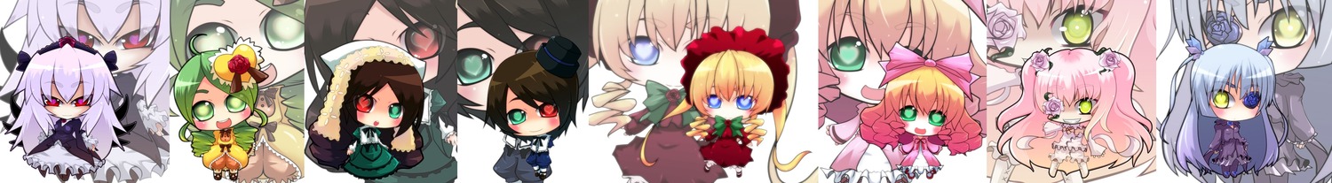 6+girls blonde_hair blue_eyes brown_hair dress green_eyes hat hina_ichigo image kanaria long_hair multiple multiple_girls pink_hair purple_hair shinku silver_hair souseiseki suigintou suiseiseki tagme