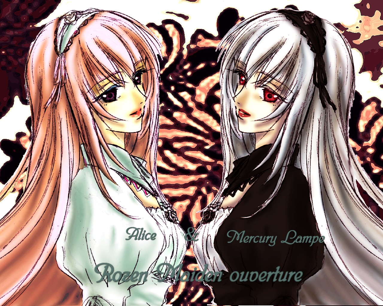 2girls dress hairband image lolita_hairband long_hair looking_at_viewer megurine_luka multiple_girls pink_eyes pink_hair red_eyes siblings sisters smile solo suigintou twins