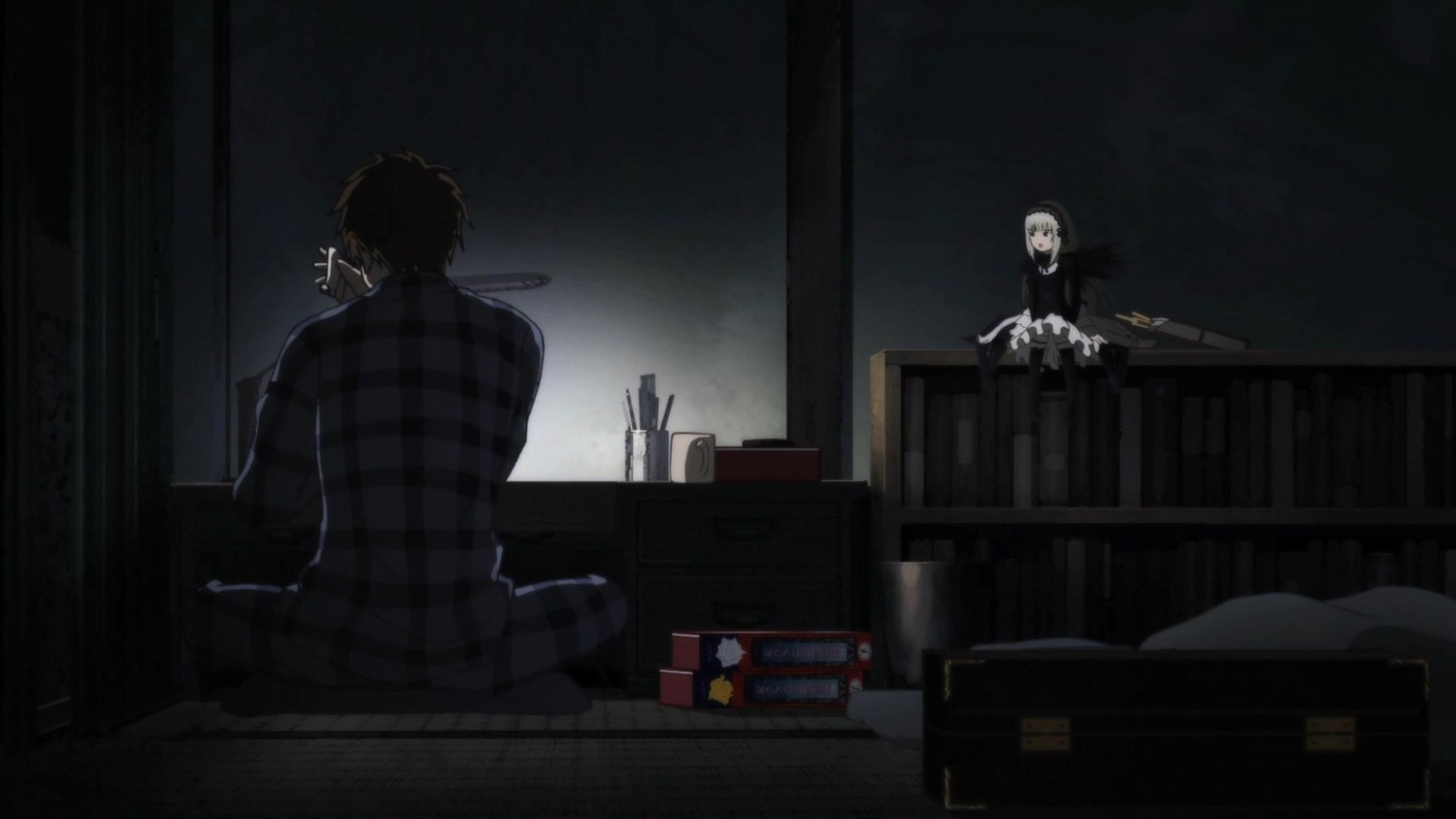 2boys bookshelf dark desk image indoors lamp multiple_boys sakurada_jun sitting solo suigintou table