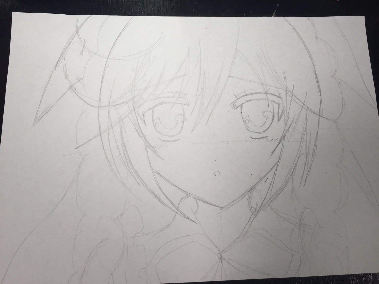 1girl :o black_border blush border greyscale image letterboxed looking_at_viewer monochrome simple_background sketch solo suiseiseki traditional_media white_background