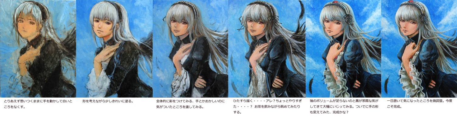 1girl auto_tagged blue_background breasts choker cleavage closed_mouth crossed_arms dress hair_ornament hairband image long_hair long_sleeves looking_at_viewer medium_breasts multiple_views silver_hair smile solo suigintou variations