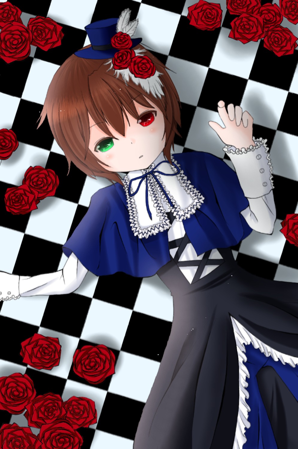 1boy argyle argyle_background argyle_legwear bath bathroom bathtub black_flower black_rock_shooter_(character) black_rose blanket blue_rose board_game brown_hair card chair checkerboard_cookie checkered checkered_background checkered_floor checkered_kimono checkered_neckwear checkered_scarf checkered_shirt checkered_skirt chess_piece chibi_inset clock colorful company_name cookie crosswalk curtains diamond_(shape) female_saniwa_(touken_ranbu) flag flaming_eye floor flower green_eyes hat heterochromia himekaidou_hatate holding_flag image jester_cap king_(chess) knees_up knight_(chess) lying meiji_schoolgirl_uniform mini_hat mirror official_style on_back on_floor perspective petals pillar pink_flower pink_rose plaid_background race_queen red_eyes red_flower red_rose reflection reflective_floor role_reversal rook_(chess) rose saniwa_(touken_ranbu) shide solo souseiseki stone_floor teardrop tile_floor tile_wall tiles top_hat vanishing_point white_rose wing_collar yagasuri yellow_flower yellow_rose