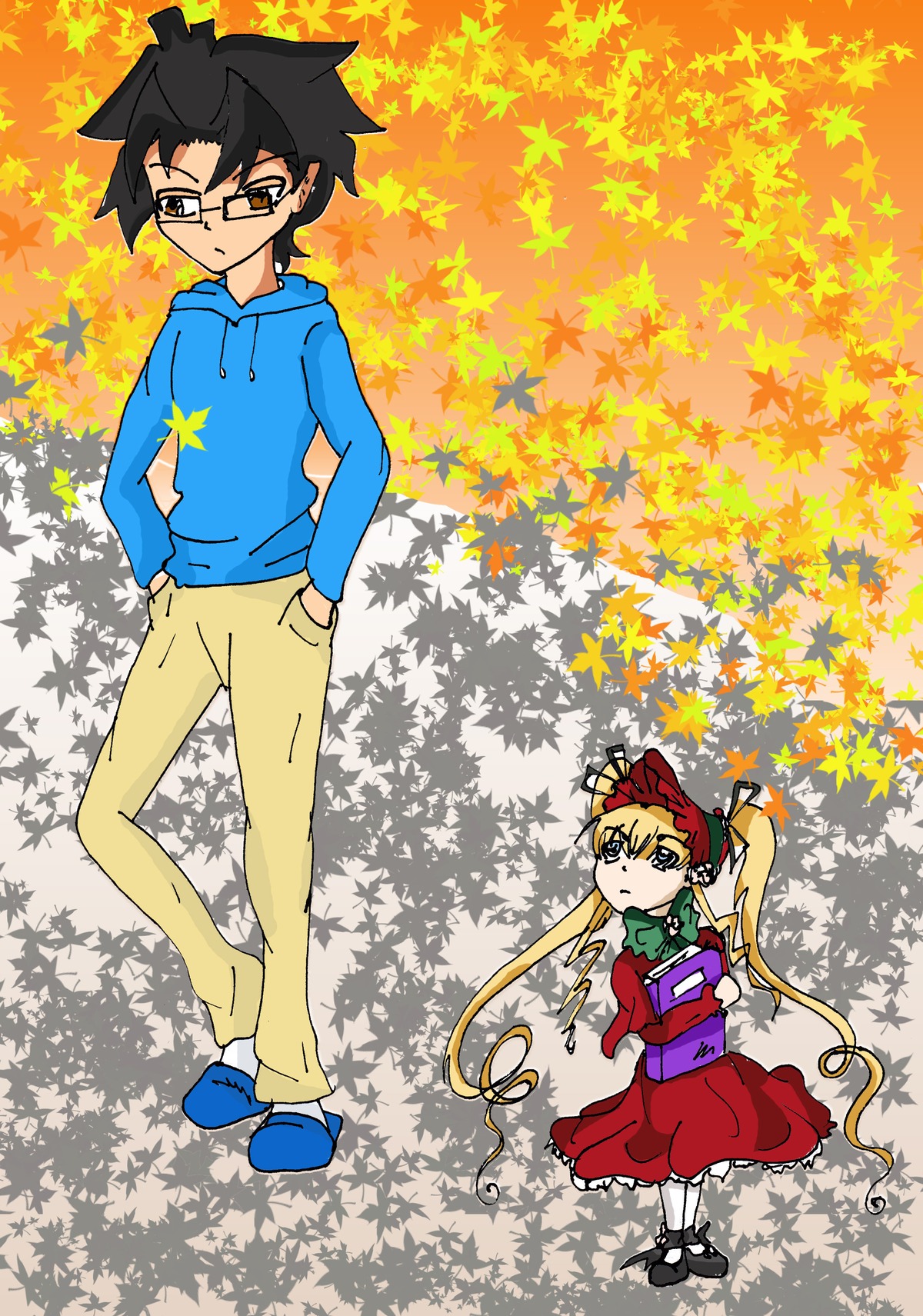 1boy autumn autumn_leaves black_hair blonde_hair dress falling_leaves glasses hands_in_pockets hood image leaf looking_at_viewer maple_leaf pants sakurada_jun shinku shoes solo spiked_hair standing