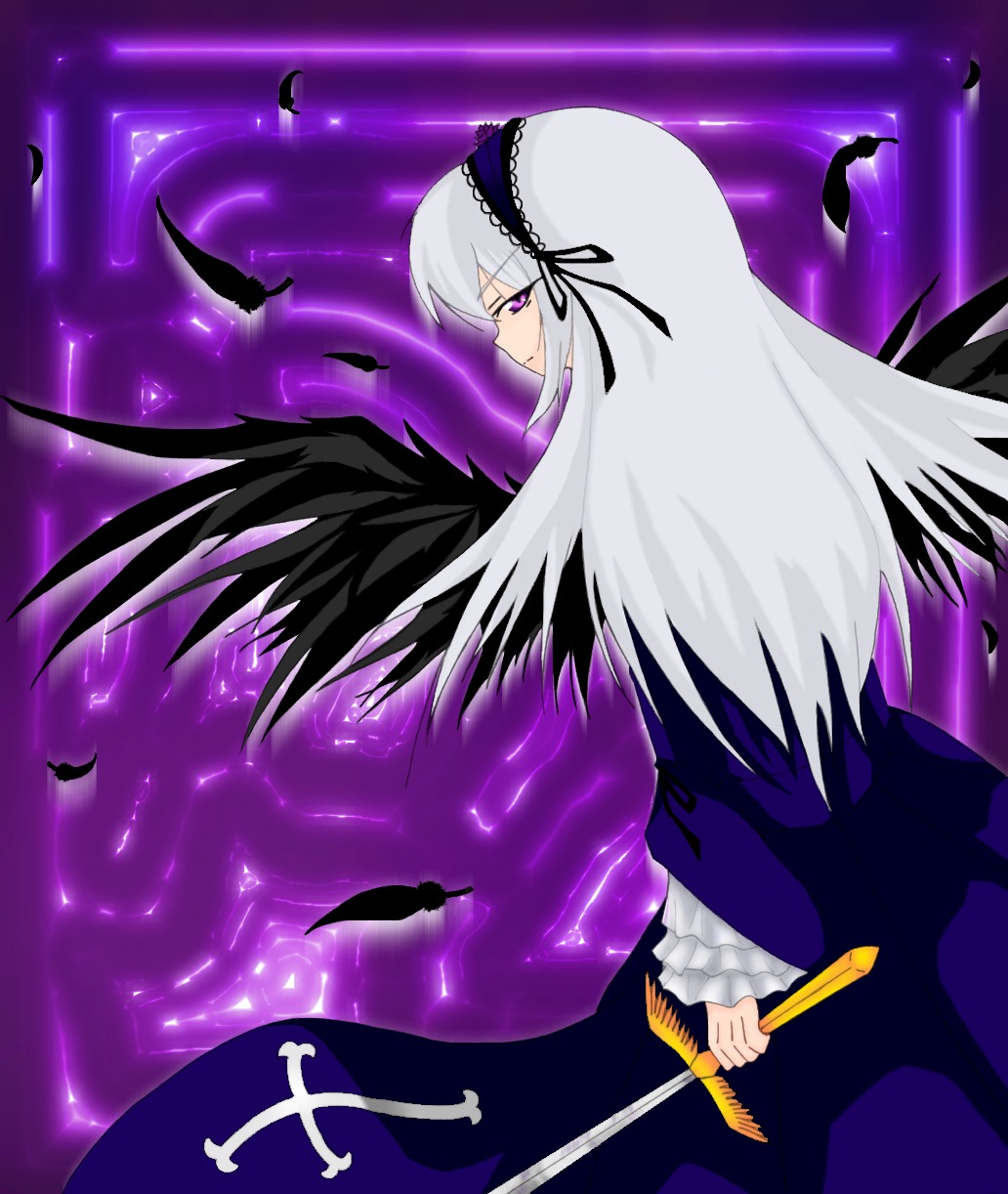 1girl black_feathers black_wings dress feathers flower frilled_sleeves frills hairband holding holding_sword holding_weapon image long_hair long_sleeves looking_back pink_eyes silver_hair solo suigintou sword very_long_hair weapon wings