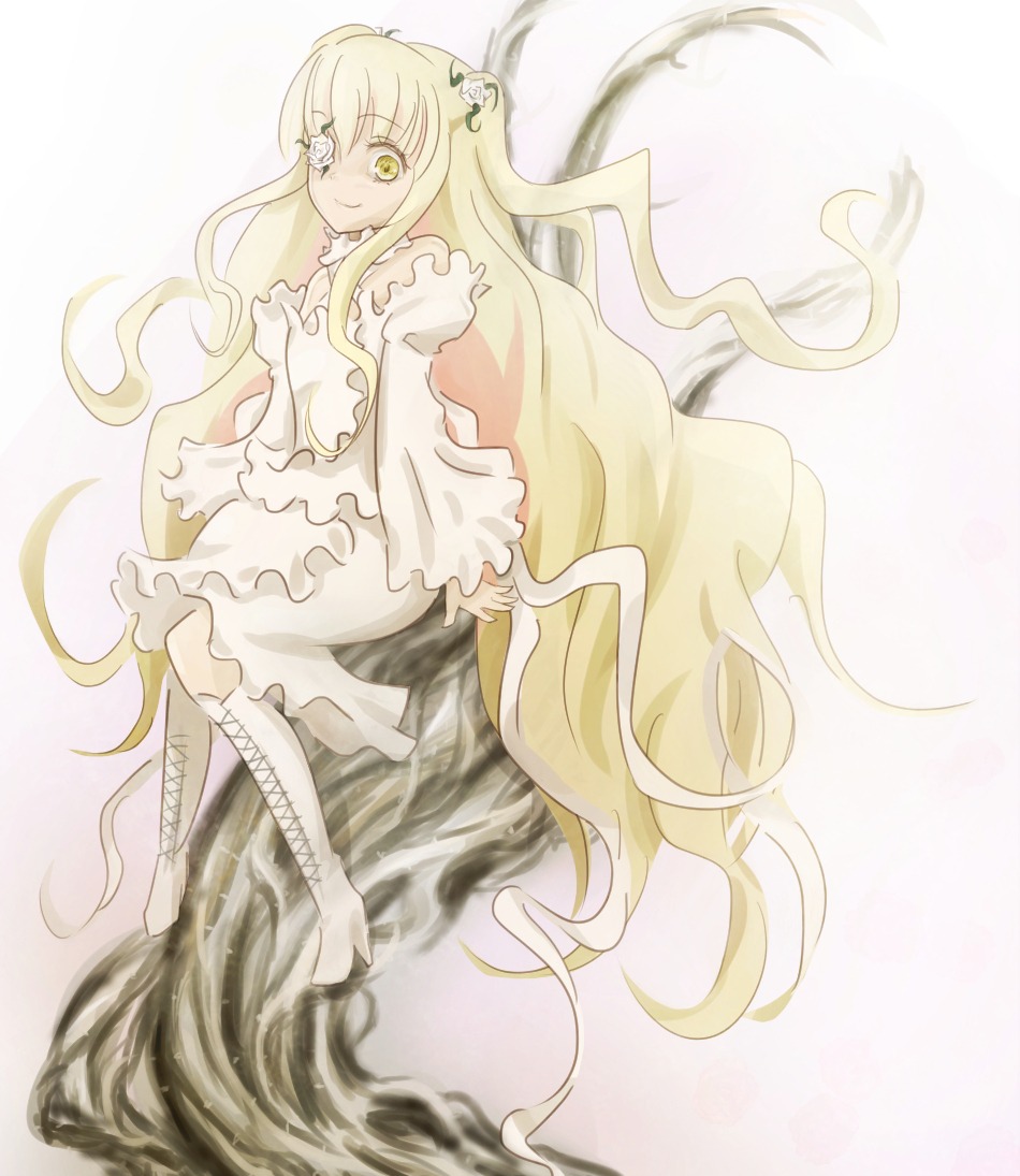 1girl blonde_hair boots cross-laced_footwear dress full_body hair_ornament image kirakishou knee_boots long_hair long_sleeves sitting smile solo striped very_long_hair wavy_hair white_dress yellow_eyes