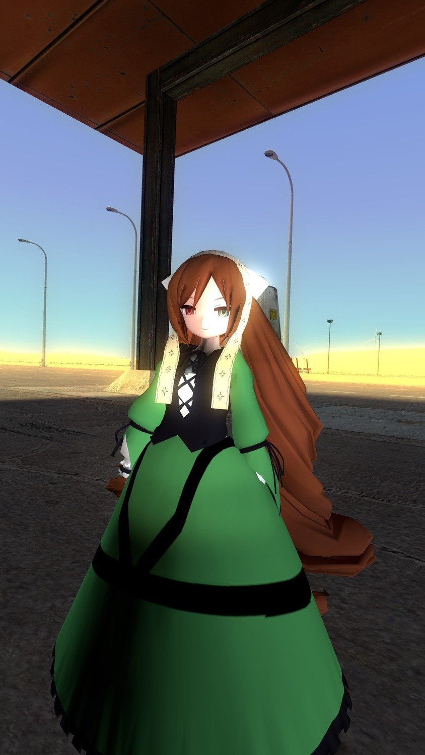 1girl bangs blue_sky brown_eyes brown_hair building closed_mouth day dress green_dress image long_hair long_sleeves looking_at_viewer outdoors power_lines sky solo standing suiseiseki
