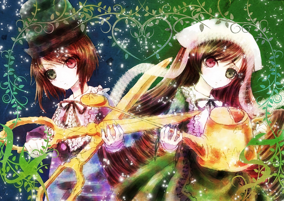 2girls brown_hair dress flower green_dress green_eyes hat heterochromia image long_hair multiple_girls pair red_eyes short_hair siblings sisters souseiseki suiseiseki twins very_long_hair
